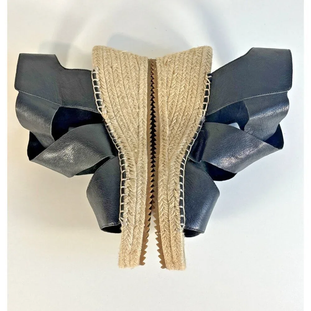 Eileen Fisher Black Leather Willow Espadrille Wedge Heels Women's Size 9.5 Boho